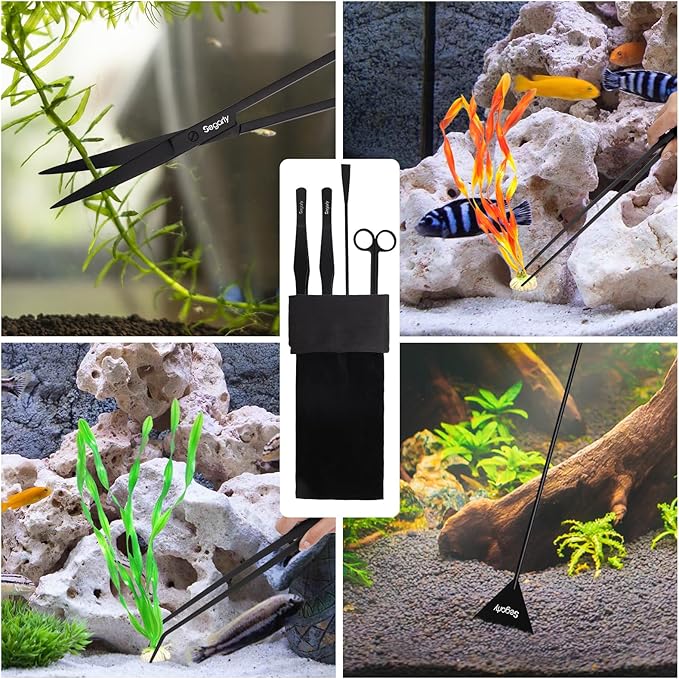 Segarty Longer Aquarium Aquascaping Tools, 4 in 1 Stainless Steel Black Aquarium Tools Kit for Aquatic Plant Fish Tank, Long Scraper Spatula Feeding Tweezers Curved Scissors Anti Rust Aquascape Set
