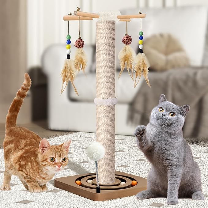 Tall Cat Scratching Post, 33 Inches, Sisal, Interactive Furniture Toys for Indoor Cats Adults, 2 Mounting Methods Large Scratcher Tree Tower with Hanging and Ball Track, Activity Center for All Ages