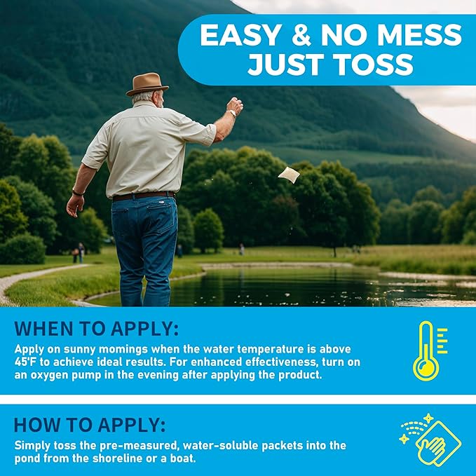 Pond Clarifier Treatment – 36 Packets Natural Pond Water Clear for Outdoor Lakes – Beneficial Enzymes to Improve Water Clarity & Eliminate Odor – Treats Up to 432,000 Sq Ft