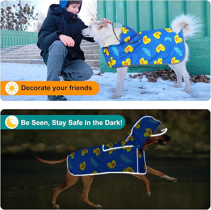 Dog Raincoat for Small Dogs, Adjustable Dog Rain Coat with Clear Hooded, Adjustable Rain Coat with Reflective Storage Pocket& Rim (Blue, Small)