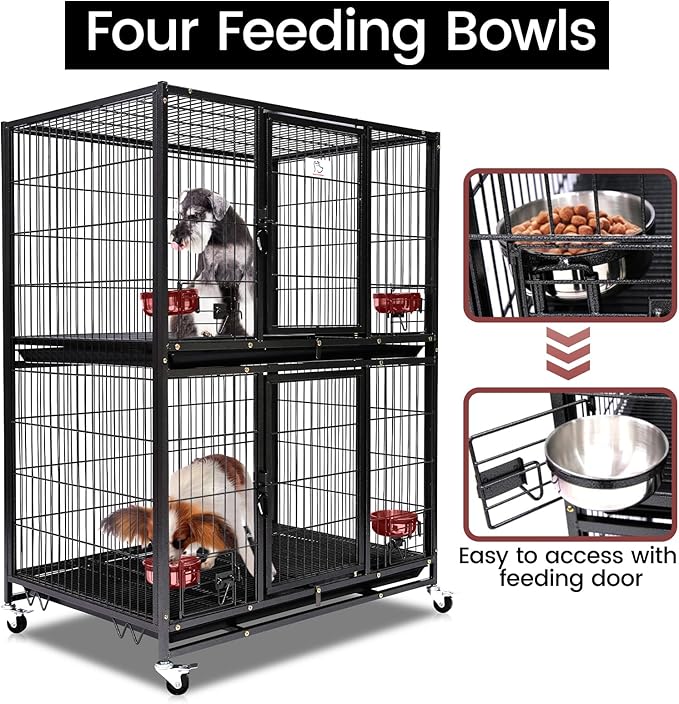 Homey Pet Two Tiers 37 Inch Dog Crate Cage Kennel with Feeding Door and Bowls, Lockable Wheels and Removable Tray, Escape Proof Metal Wire Heavy Duty Dog Crates for Medium/Small Sized Dogs (4 Pack)