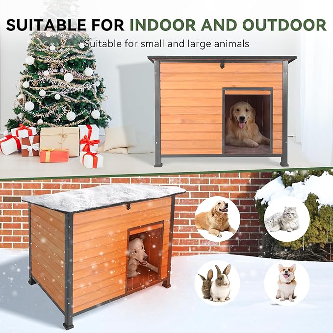 Dog House Outdoor Insulated with Prevent Chewing Iron Frame, Insulated cat House Outdoor Removable Floor and Open Roof for Dogs,Cat,Rabbits and Small Animals