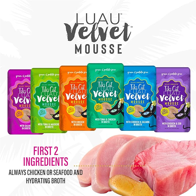 Tiki Cat Velvet Mousse, Protein Blend in Broth Variety Pack, Complete Nutrition for Balanced Diet, Wet Cat Food For All Life Stages, 2.8 oz. Pouch (Pack of 12)