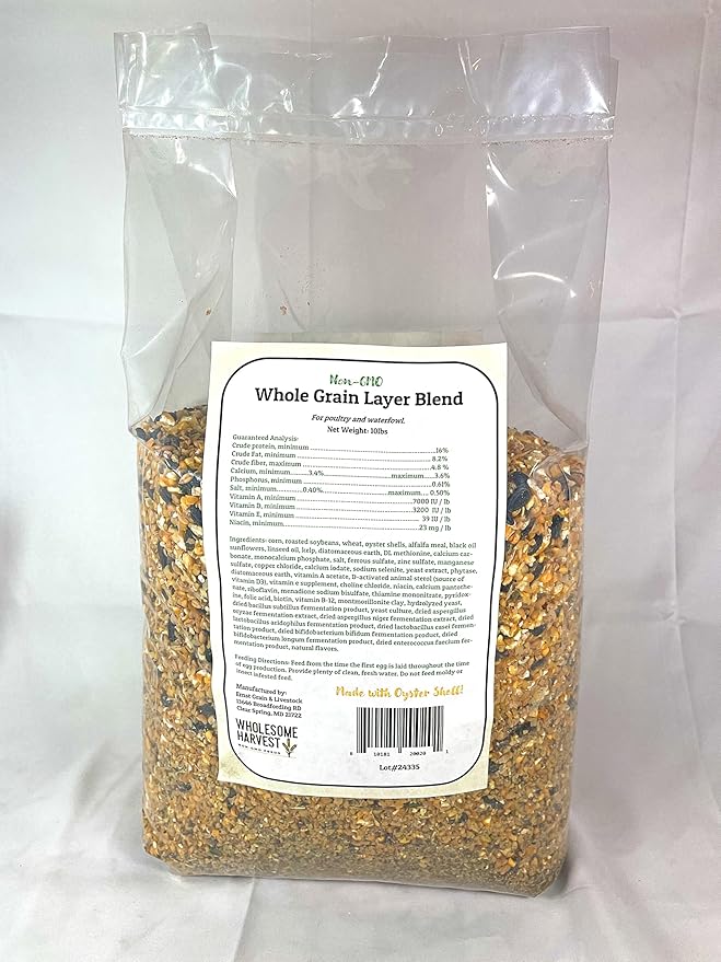 Non-GMO Whole Grain Layer Blend 16% - Chicken Feed for Laying Hens and Ducks - Includes Essential Oils, Herbs, Oyster Shells, Vital Minerals, and Omega 3, 10lb