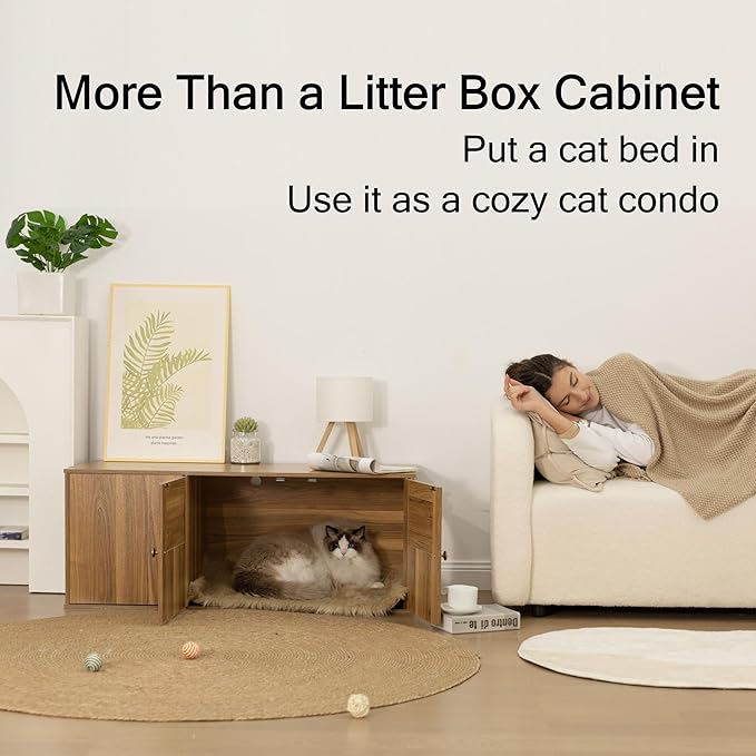 Wooden Cat Litter Box Enclosure with Storage Compartment with Adjustable Divider, Hidden Litter Box Furniture and Hall Table, Cat Box Enclosure, 42.5''L*18.5W*16.9H (Oak, Plain)