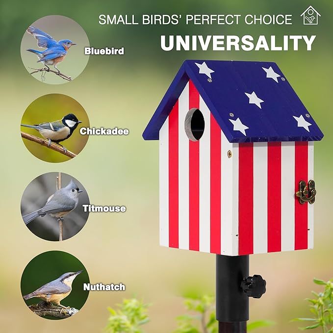Flag Style Large Bird House for Outside with Metal Tube, Thicken Wooden Hanging Birdhouse with Clear View Panel Clear View Panel Predator Guard Nesting Box for Swallow Wren Chickadee Finch Bluebird