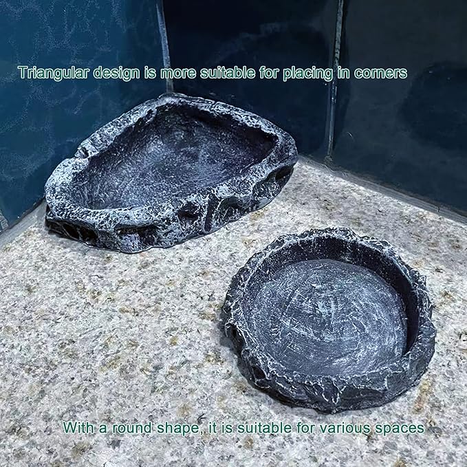 2 Pack Reptile Water Dish - Reptile Water and Food Bowls with Tongs Imitating Natural Rock,Breadworm Feeding for Leopard Gecko Lizard Spider Scorpion Chameleon (2Pcs Square+Round)