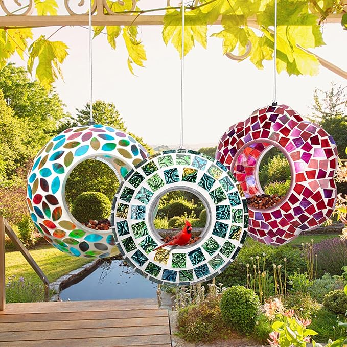 Yinns Bird Feeder - Hanging Mosaic Glass Birdfeeder, Fly Through Bird Feeders with Oval Stained Glass, Outdoor Garden Decor, 6.5 inch