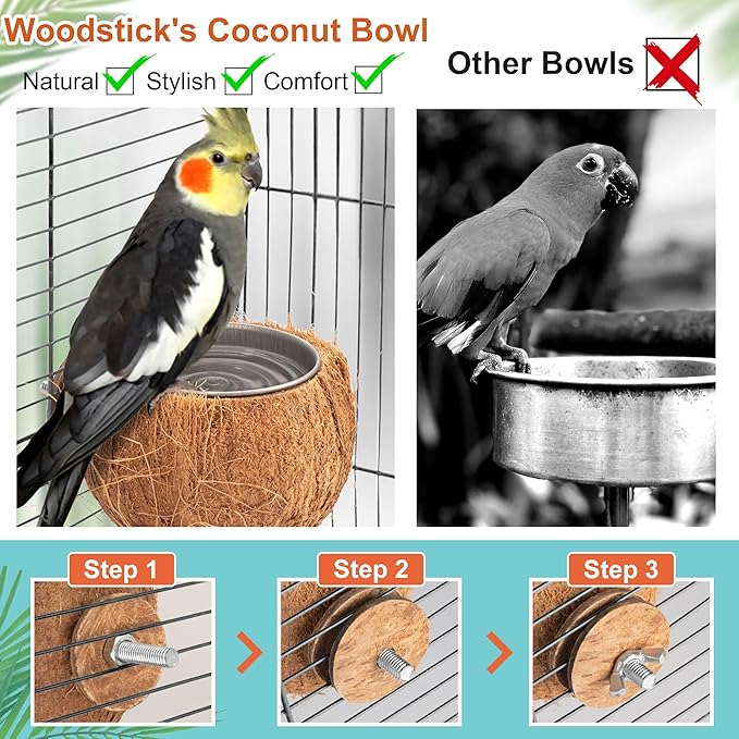 Premium Coconut Bird Food and Water Bowl Set - Removable Stainless Steel Cage Bowls with Clamp - Food & Water Feeder Coop - Cup for Cockatiel Parakeet Macaw Finches Lovebirds Small Animals (2 Pack)