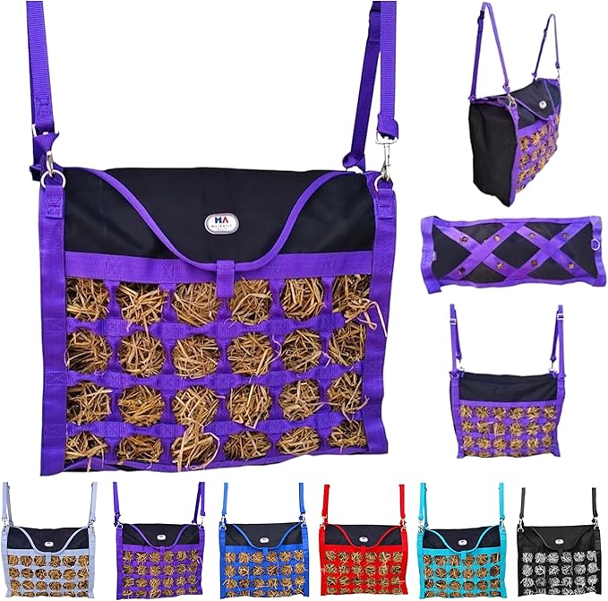 Majestic Ally Animal Health Hay Bag for Horses, 2.5" Holes, Top Load, Travel Feeder, Reduces Waste, 1 Year Warranty, Multiple Colors (Purple-Black)
