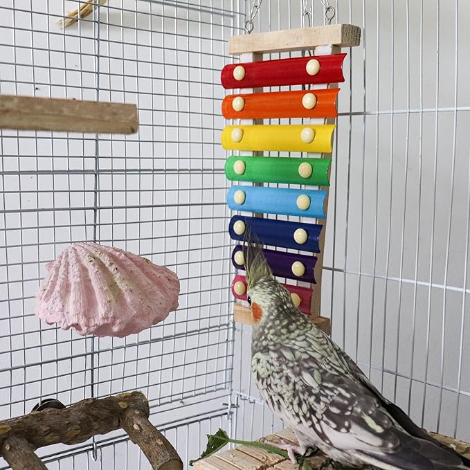Dnoifne Colorful Bird Xylophone Toy, Suspensible Funny Xylophone Toy with 8 Metal Keys, Bird Cage Toy Accessories for Chicken Bird Parrot Parrot Parakeet Budgies Love Birds