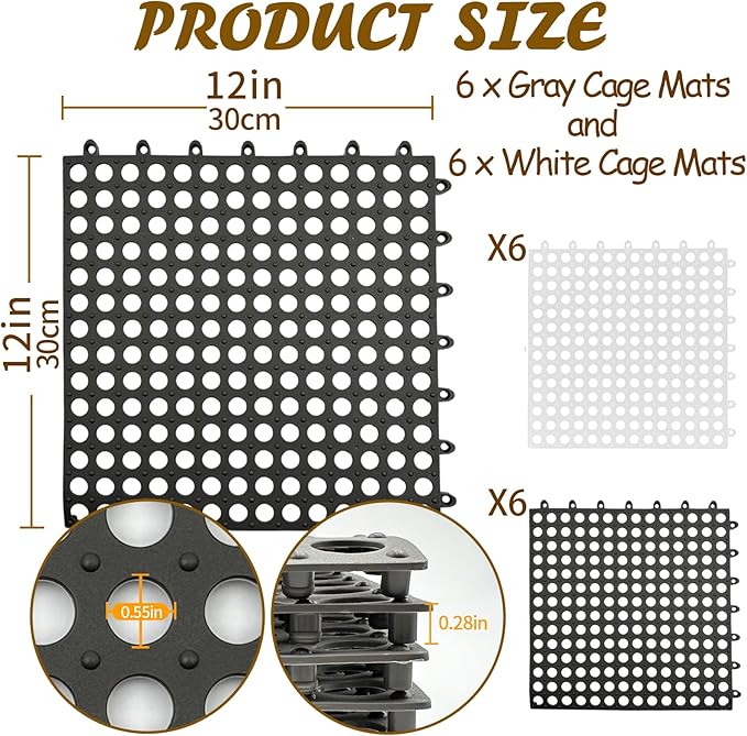 Rabbit Cage Mat for Feet-12 Pack Plastic Bunny Resting Mats 12x12 Washable Pet Foot Pad with Holes for Adult Guinea Pig Chinchilla Ferret Squirrel (6 Grey & 6 White)