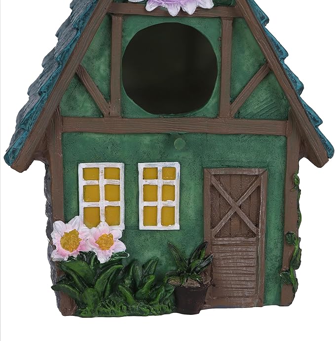 Green Resin Bird House with Slanted Roof, 1.5" Entry Hole Weatherproof Outdoor Decor for Cardinals Finches, Rustic Bird Sanctuary for Backyard Patio Garden