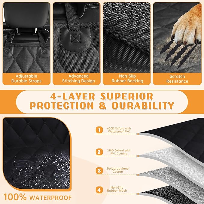 Dog Car Seat Cover for Back Seat 100% Waterproof, Long-Lasting and Soft Nonslip Backseat Dog Cover for Cars, SUVs and Trucks (Black, Standard (54" W x 59" L))