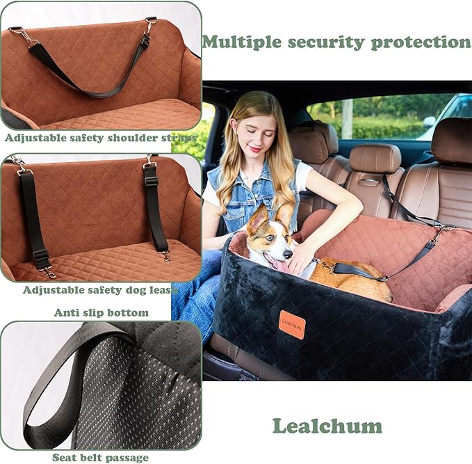 Dog Car Seat for Medium/Large Dogs,2 Clip-On Safety Leashs for 2 Small Dogs,Removable and Washable Comfy Pet Car Seat,Easy to Install and Clean (Green, Large)