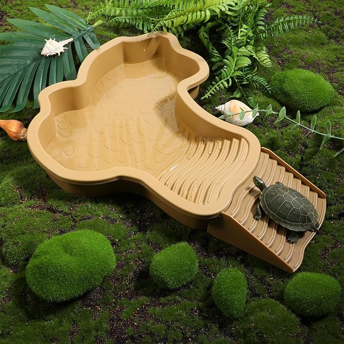 Large Reptile Water Bowl with Ramp, Thickened Non-Slip Feeding Dish & Bathing Pool for Turtle, Snake, Gecko, Bearded Dragons, Lizard Habitat Accessories