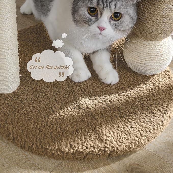 YOCAN Small Cat Tree Tower Indoor with Large Cozy Plush Top Perch, Natural Sisal Scratching Posts, Interactive Dangling Ball Great for Kittens and Cats (Brown)
