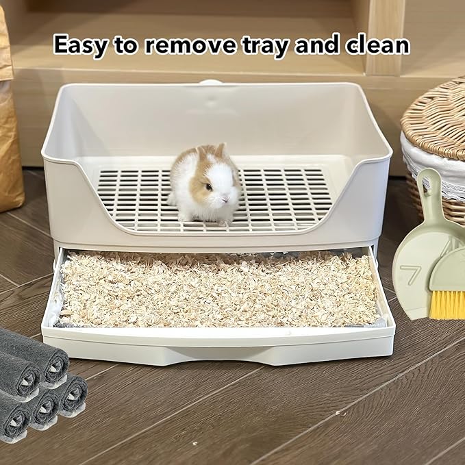 RUBYHOME Oversize Rabbit Litter Box with Drawer, Corner Toilet Box with Grate Potty Trainer, Bigger Pet Pan for Adult Guinea Pigs, Chinchilla, Ferret, Galesaur, Small Animals, 16.9 inch Long (White)