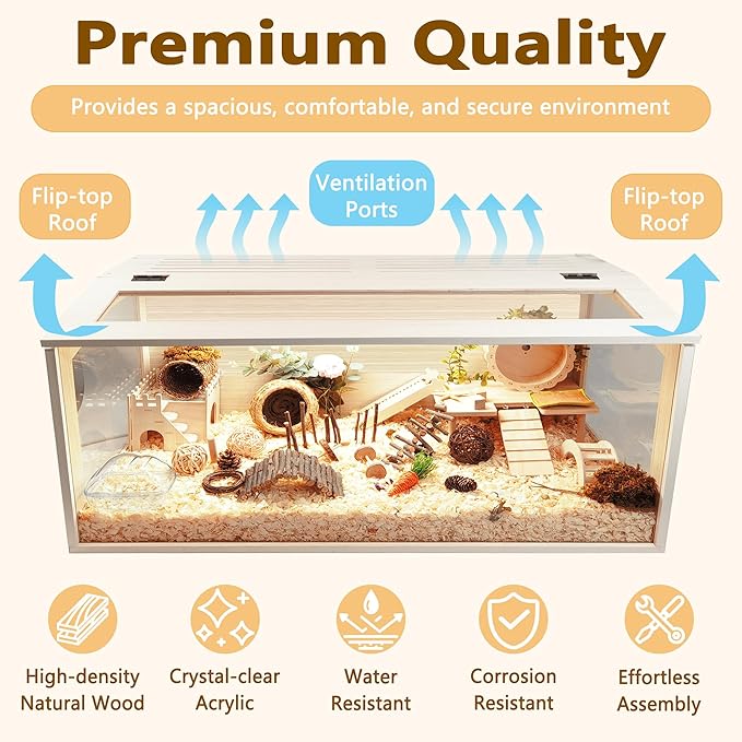 Prolee Hamster Cage Chew Proof Wood, 48 Inch Mice and Rat Habitat Openable Top with Acrylic Sheets Solid Built, 48 x 19.5 x 19.5 Inch