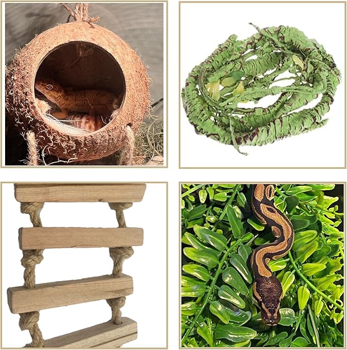 Crested Gecko Coconut Hide with Ladder,Reptile Natural Coco Shell Ladders Geckos Hideout Hut Lizards Hermit Habitat Leopard Gecko Terrarium Plant Accessories for Chameleon Snakes