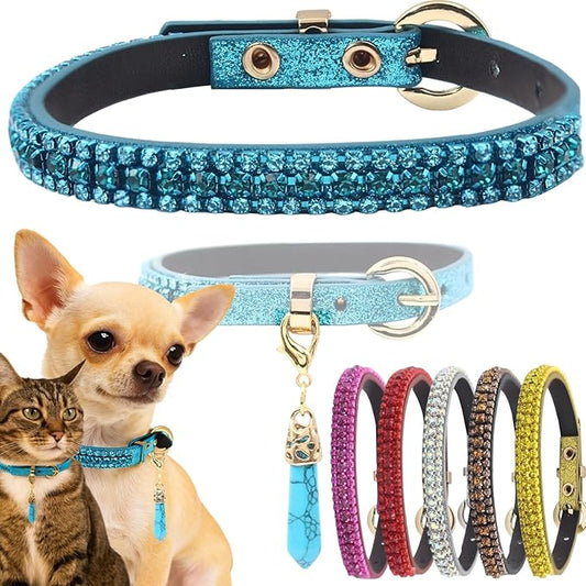 PEARLY JUN Rhinestone Dog Collars for Small Dogs Cat, XS Blue Bling Diamond Cat Collar Cute Luxury Crystal Pet Puppy