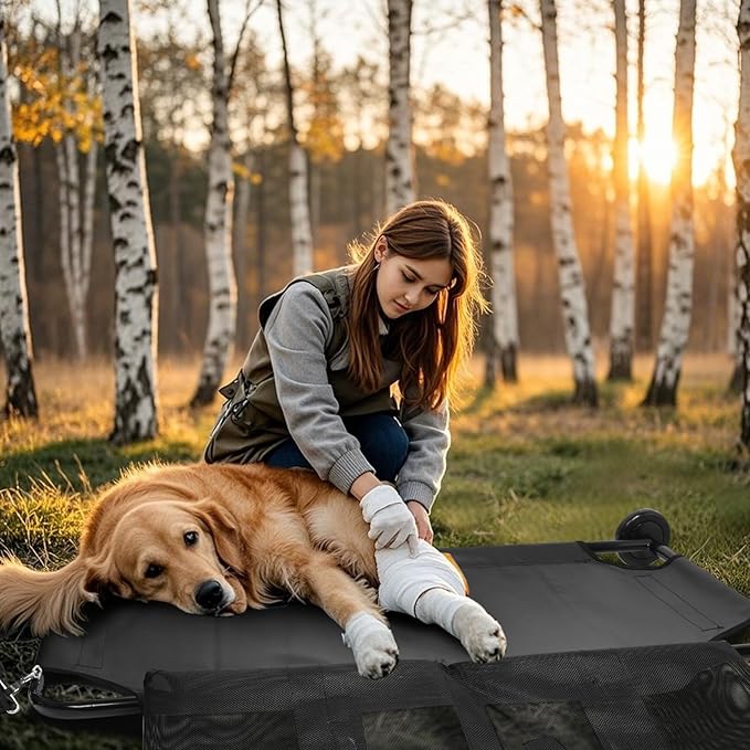 Portable Foldable Dog Stretcher for Large Dogs, 250lbs Capacity with Silent Wheels and Waterproof PVC Mesh, 48"x26" Pet Transport Stretcher for Indoor & Outdoor Use, MDK-A1