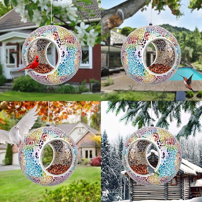 Yinns Mosaic Bird Feeder- Fly Through Glass Bird Feeders for Outside Hanging with Round Shape Glass Container Wild Birdfeeder for Garden Decor, 6.5 Inch Multicolor