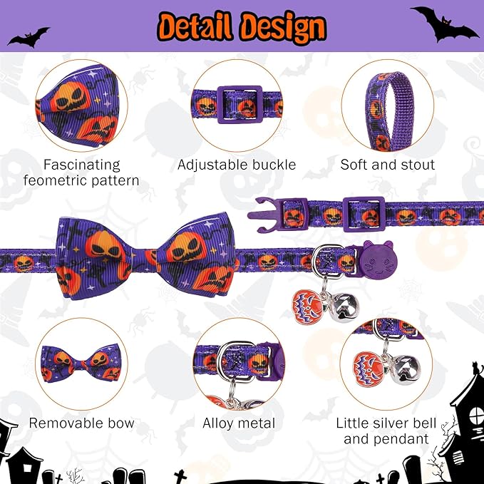 SCENEREAL Cat Collar Breakaway Halloween Theme 3 Pack, Safety Collars, Pet Accessory for Outdoor and House Cats Kittens, Orange Purple