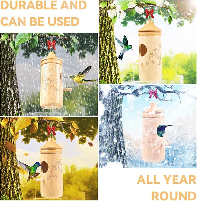Hummingbird House, Solid Wood Hummingbird Houses for Outside-Exquisitely Handcrafted Birdhouse with Ribbon and String Hanging Kit, Durable Garden Decor, Perfect Gardening Gift(Style-G, 1 Pack)