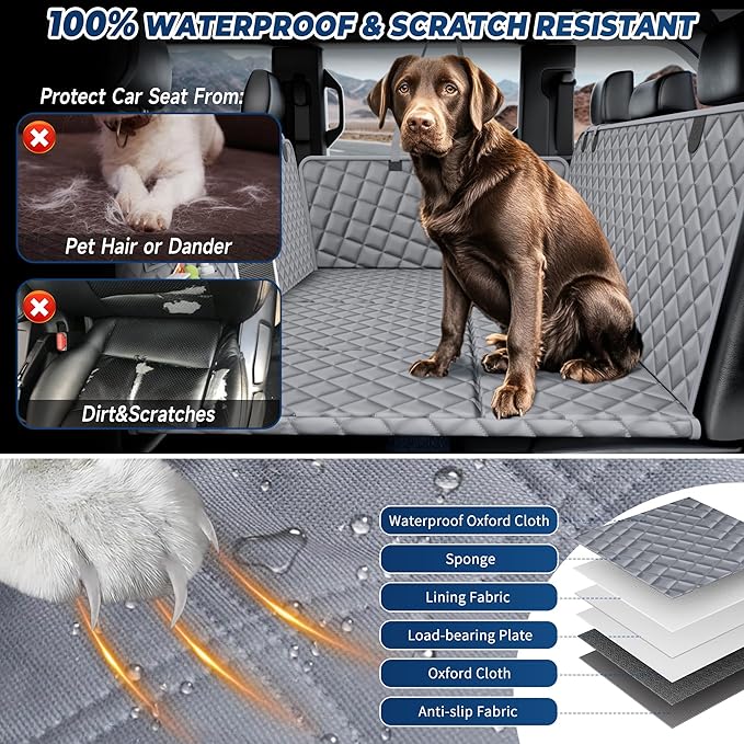 XL Dog Car Seat Cover for Back Seat,Hard Bottom Backseat Extender,45% Larger Space Dog Bed, 100% Waterproof Pet Seat Protector with Mesh Window, 3 Loading Boards, Car Hammock for Small Truck SUV