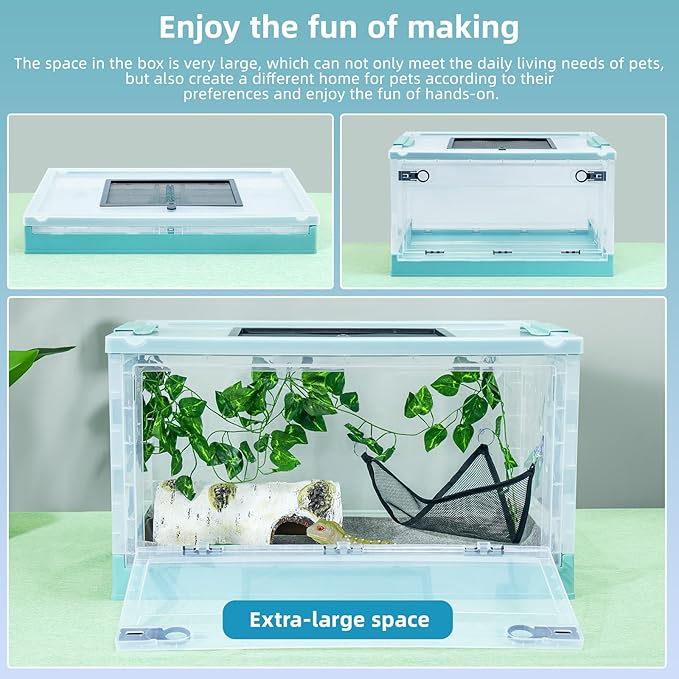 16" Foldable Reptile Terrariums Snake Tanks Enclosures for Bearded Dragons Iguanas Lizards Crested Geckos Clear Views Portability High-Temperature Resistant Iron Mesh (Blue, Small)