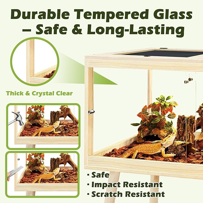 PROLEE Bearded Dragon Tank with Leg,Tempered Glass Lizard Tanks and Reptile Enclosure,Up to 78 Gallon Reptile Tank with Metal Mesh and Lockable Door for Snakes,Chameleon (Oak, 78Gallons,48inch)
