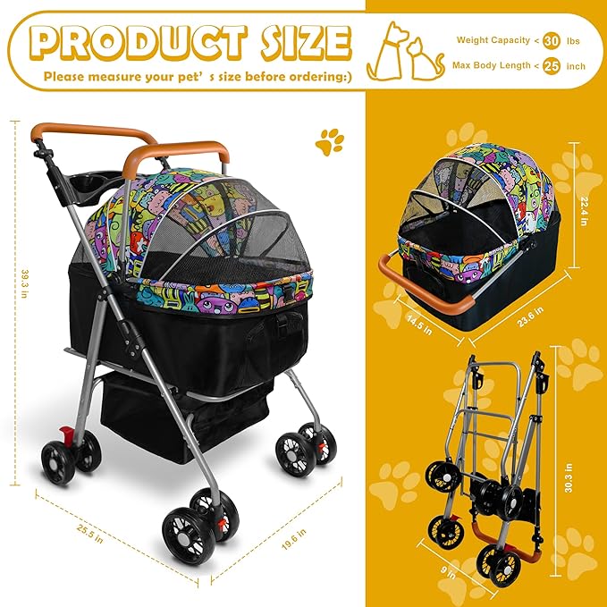 Pet Stroller with Storage Basket and Cup Holder, Folding Dog Jogger, Foldable Cat Stroller, 3 in 1 Puppy Kitten Cart, Pet Jogger for Medium Dog Cat (Magic Black)