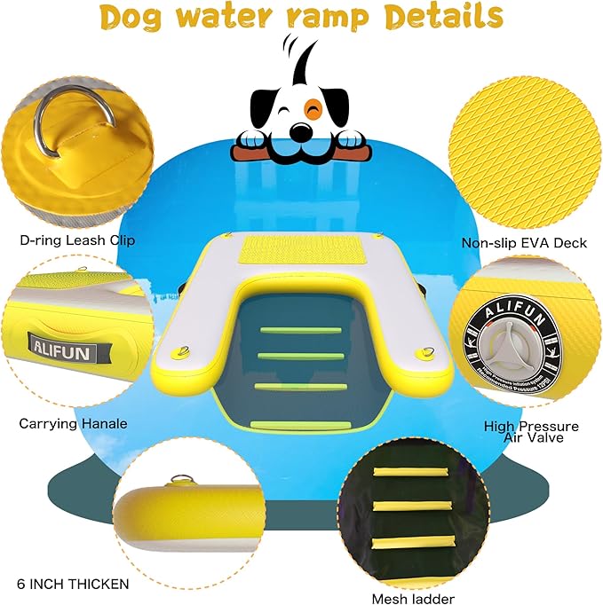 ALIFUN Inflatable Dog Water Ramp Safety Floating Dock Dog Pool Raft for Pool Lake Boat Non-Slip Floating Ladder for Pets Up to 220 LBs Yellow 120CM Length