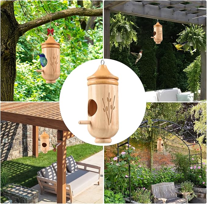 Hummingbird House, Solid Wood Hummingbird Houses for Outside-Exquisitely Handcrafted Birdhouse with Bow and Jute String Hanging Kit, Durable Garden Decor, Perfect Gardening Gift (Style-B, 1 Pack)