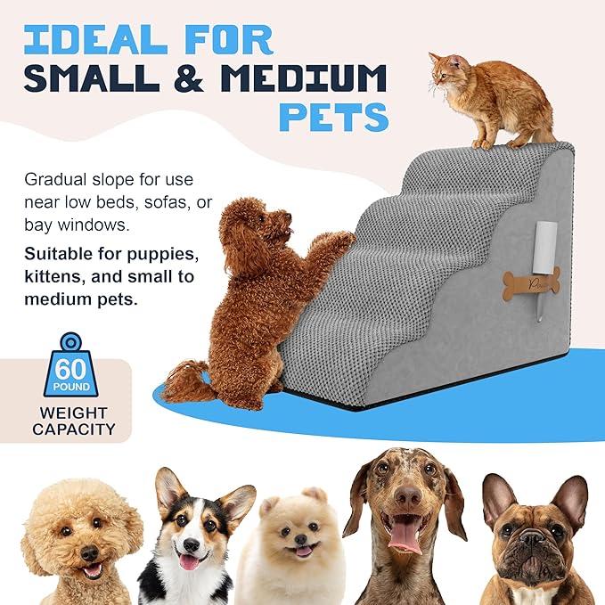 PAWZY Foam Pet Stairs for Bed, Couch or Window PREFIXED Cover - Wide Steps for Bed, Waterproof, Non-Slip Base - 4 Tier Ramp Dog Stairs for Small Dogs, Puppies, Cats - (Gray, 4 Step, 1)