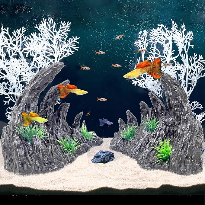 Aquarium Decoration Large and Tall for Fish Tank Rock Thematic Ornaments Aquarium Mountain View Stone Ornaments Aquarium Decor Shelter House Cave Fish Tank Decoration - Medium