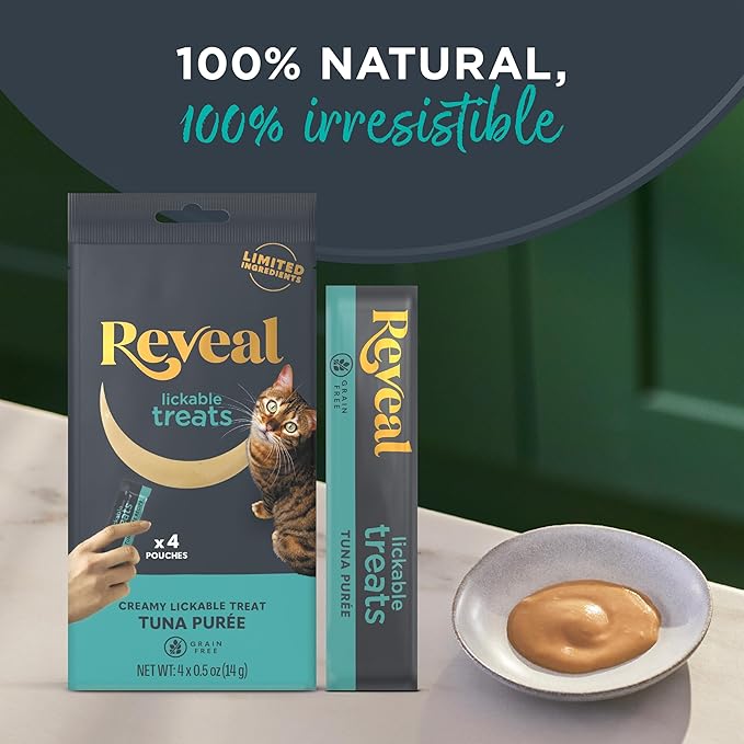 Reveal Natural Lickable Purée Cat Treats, Grain Free and Made with Limited Ingredients, Tuna Squeeze Up Cat Treats (40 x 0.5 oz Sachet Multipack)