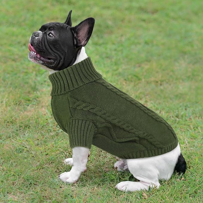 Queenmore Small Dog Pullover Sweater, Cold Weather Cable Knitwear, Classic Turtleneck Thick Warm Clothes for Chihuahua, Bulldog, Dachshund, Pug (Army Green, Large)