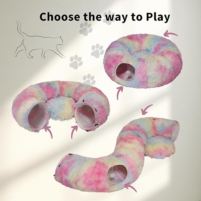 Cat Tunnel Bed for Indoor Cats with Washable Cushion Cat Cave Donut Tunnel with Fluffy Ball Big Round Tube Pet Playground Toys Soft Plush Peekaboo for Kitten, Cat, Puppy, Rabbit, Ferret (Colorful)
