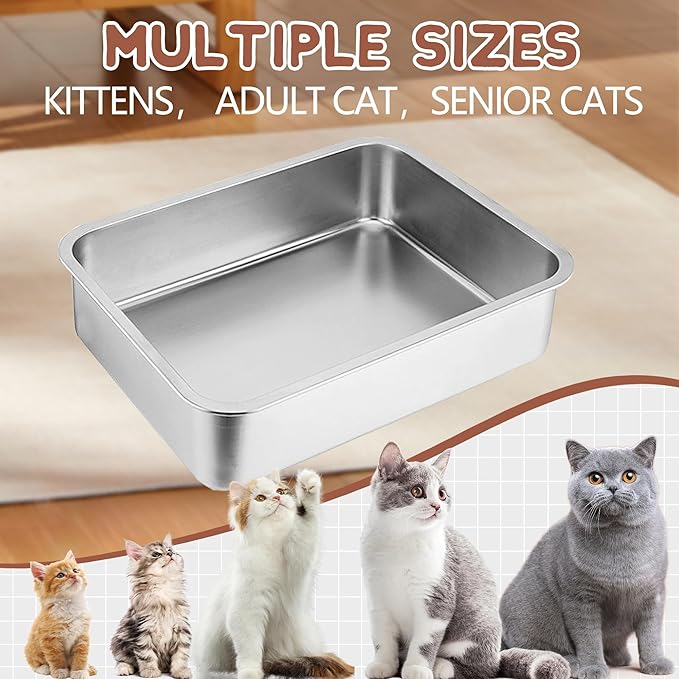 2 Pack Stainless Steel Litter Box for Kittens,15.7"×11.8"×4" Mini Metal Litter Pan Low Entry for Small Kitten and Senior Cat,Kitty Shallow Litterbox for Guinea Pig,Puppy,Hamsters Toilet