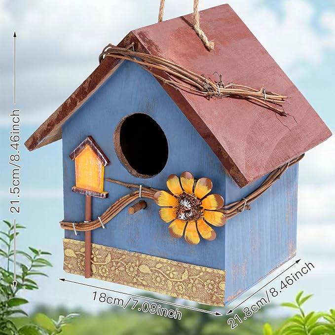 DEWEL Bird Houses for Outside Clearance, Hanging Birdhouses for Outdoors, Garden Wooden Blue Bird Houses for Outdoors, Bird Nesting Box for Bluebird Finch Swallow Wren Chickadee, Gift for Bird Lovers