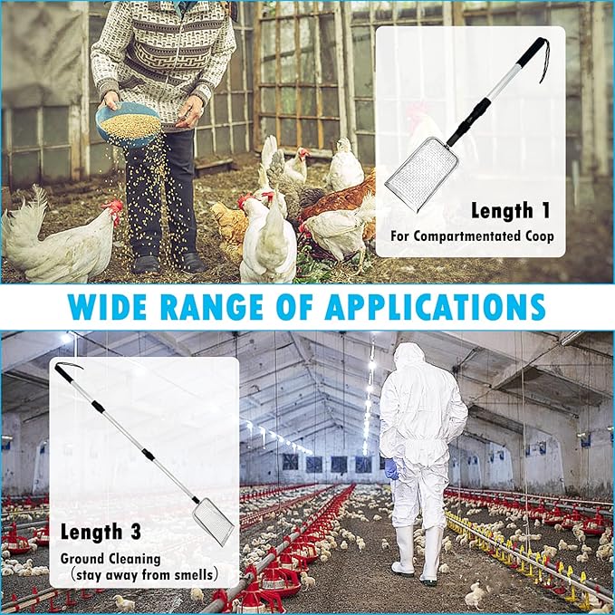 PINVNBY Stainless Steel Chicken Poop Scooper 3 in 1 Adjustable Long Handle Poop Scooper for Chicken(22.3" to 47.6") Multifunctional Chicken Coop Cleaning Tools Sifting Shovel Chicken Coop Accessories