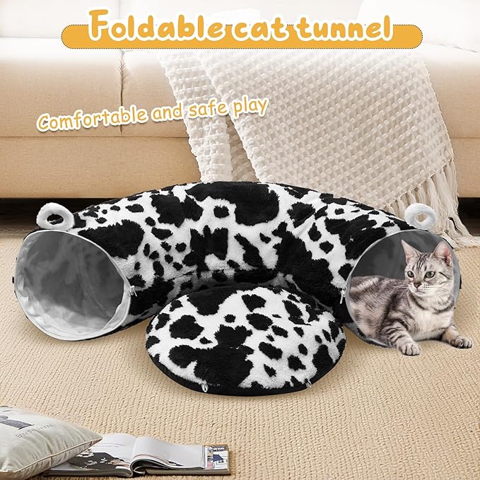 Cat Tunnel Bed for Indoor Cats, Soft Plush Donut Peekaboo Cat Cave, Multifunctional Playground Toy for Small Medium Large Cats, Kittens, Rabbits, Ferrets, with Washable Cushion (Black&White)
