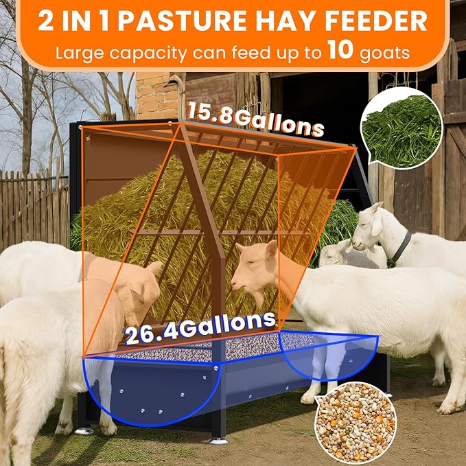 Goat Hay Feeder, 2 in 1 Heavy-Duty Galvanized Metal Pasture Hay Feeder 50 Gallon, Livestock Hay Feeder with Deeper Feeding Pan, Hay Feeder for Sheep, Goats, Calf, Cow and Horse