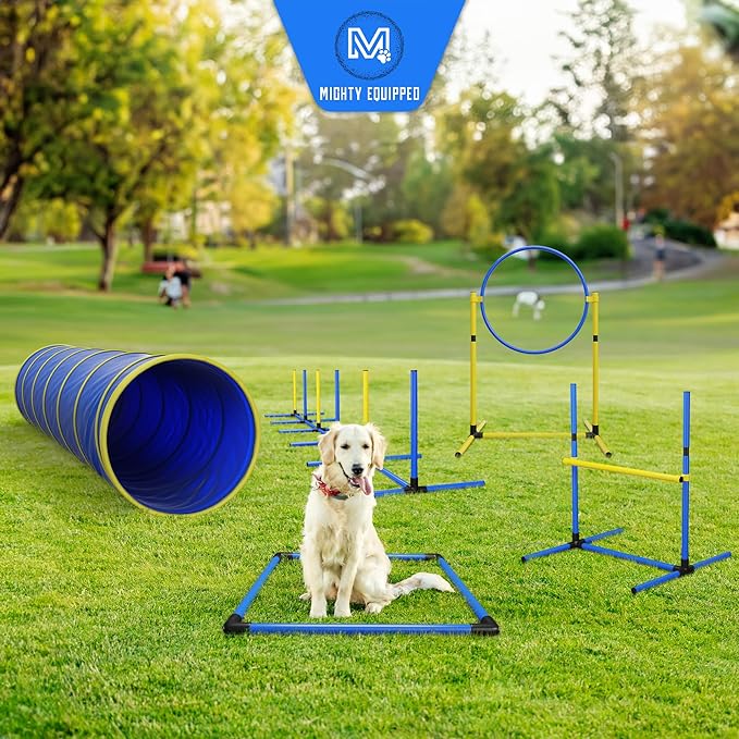 Dog Agility Equipment – Portable Backyard Agility Course with 9ft Dog Tunnel, Weave Poles, Hoop Jumps, Collapsible Water Bowl & More – Dog Training Kit for Indoor & Outdoor
