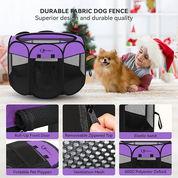 Dog Playpen, Puppy Pet Playpen, Medium Dogs Tent Crates Cage Indoor/Outdoor, Portable Pop Up Dog Kennel Playpen with Carrying Case for Dogs/Cats/Rabbits, Removable Zipper Top, Purple