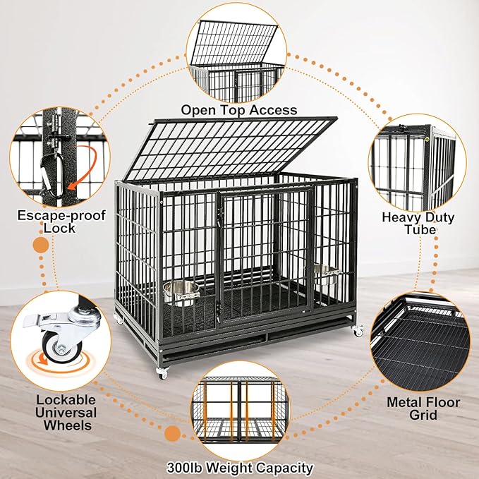 Homey Pet 48/43/37 Inch Heavy Duty Indestructible Dog Crate, Stackable Escape Proof Dog Cage Kennel Indoor with Two Trays, Metal Grids, Wheels, Bowls, Double Doors for High Anxiety Large Dogs