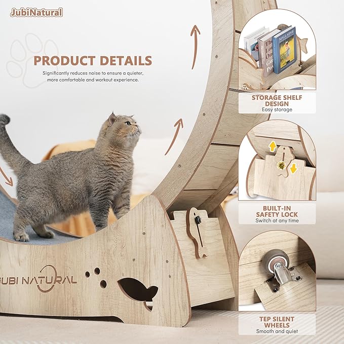 Cat Exercise Wheel, 40" Cat Running Wheels for Indoor Cats with with Locking Mechanism, Cats Treadmill Wheels with Scratching Board and Teaser Toy, Cat's Weight Loss and Health