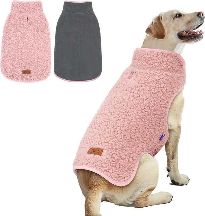 cyeollo Sherpa Dog Coat Turtleneck Reversible Fleece Vest Sweater Thick Pet Clothes for Cold Weather Winter Jacket Warm Dog Coats for Medium Large Dogs, Pink XXL